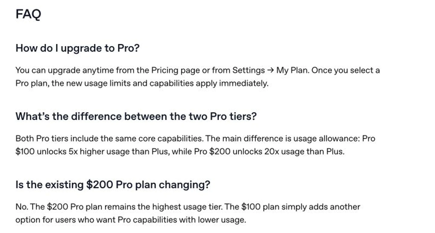 OpenAI Help Center page showing ChatGPT Pro $100 and Pro $200 tiers