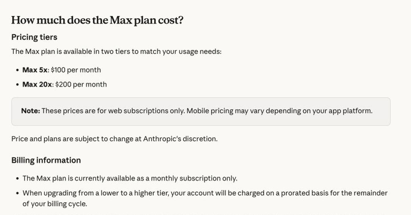 Anthropic Help Center page showing Claude Max 5x and Max 20x pricing
