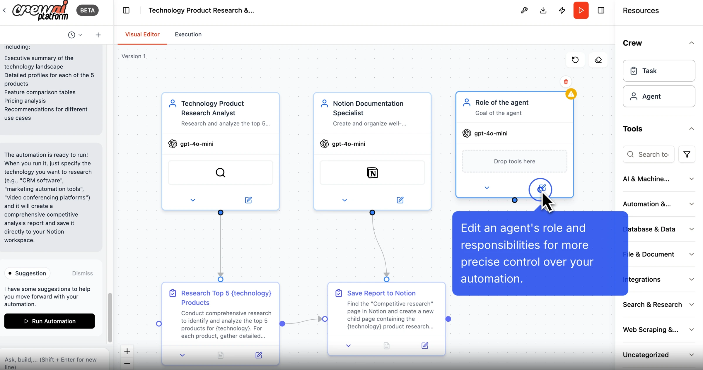 CrewAI visual editor showing multi-agent crew configuration with role assignments