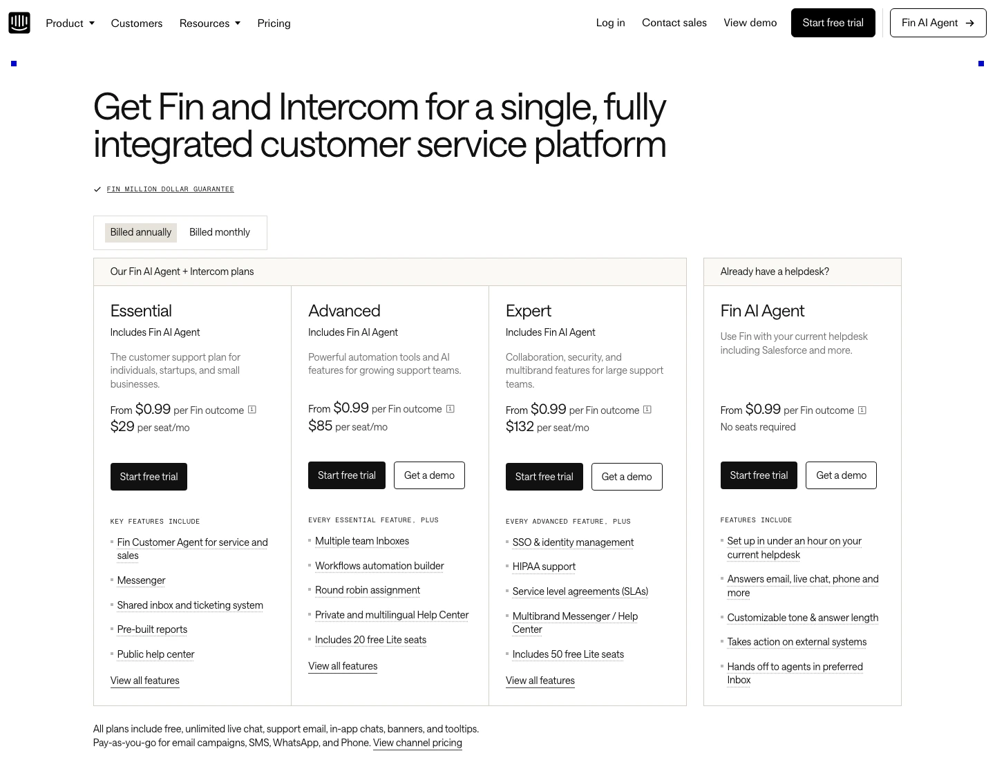 Intercom pricing page showing Fin AI Agent outcome pricing and support suite seat prices