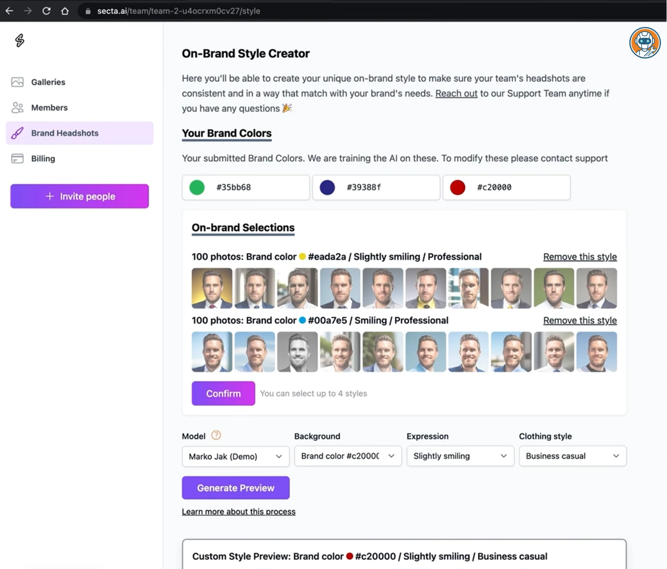 HeadshotPro output gallery showing AI-generated headshots with different backgrounds and outfits
