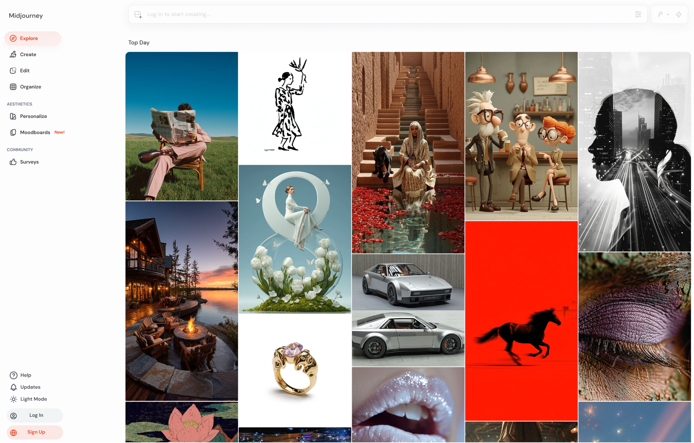Midjourney explore page showing a grid of AI-generated images