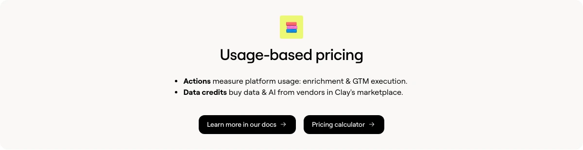 Clay official pricing page explaining separate Actions and Data Credits usage meters
