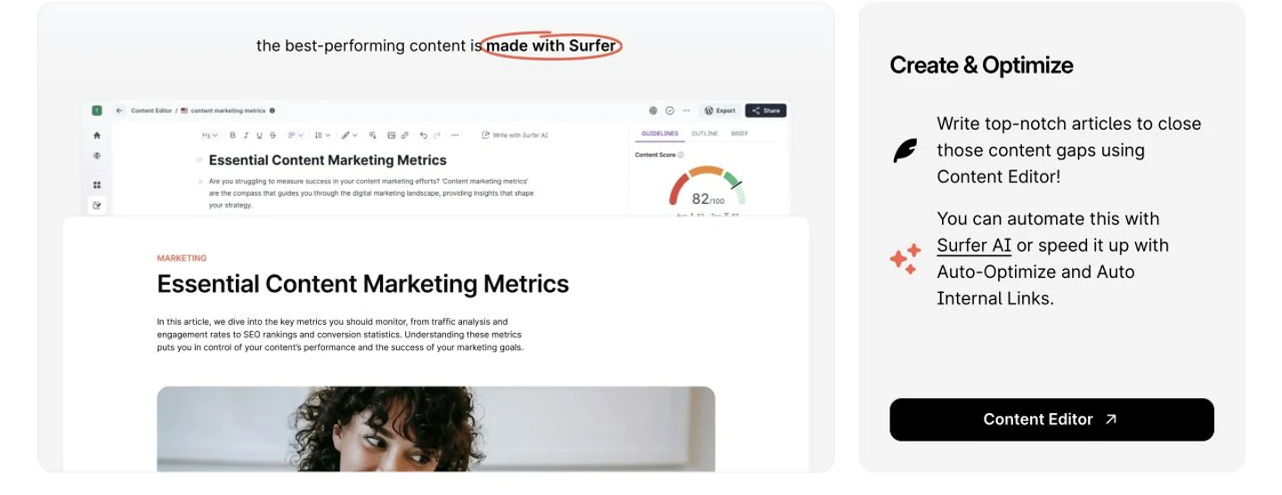 Surfer official Content Editor example showing a draft, live Content Score, and Create and Optimize workflow