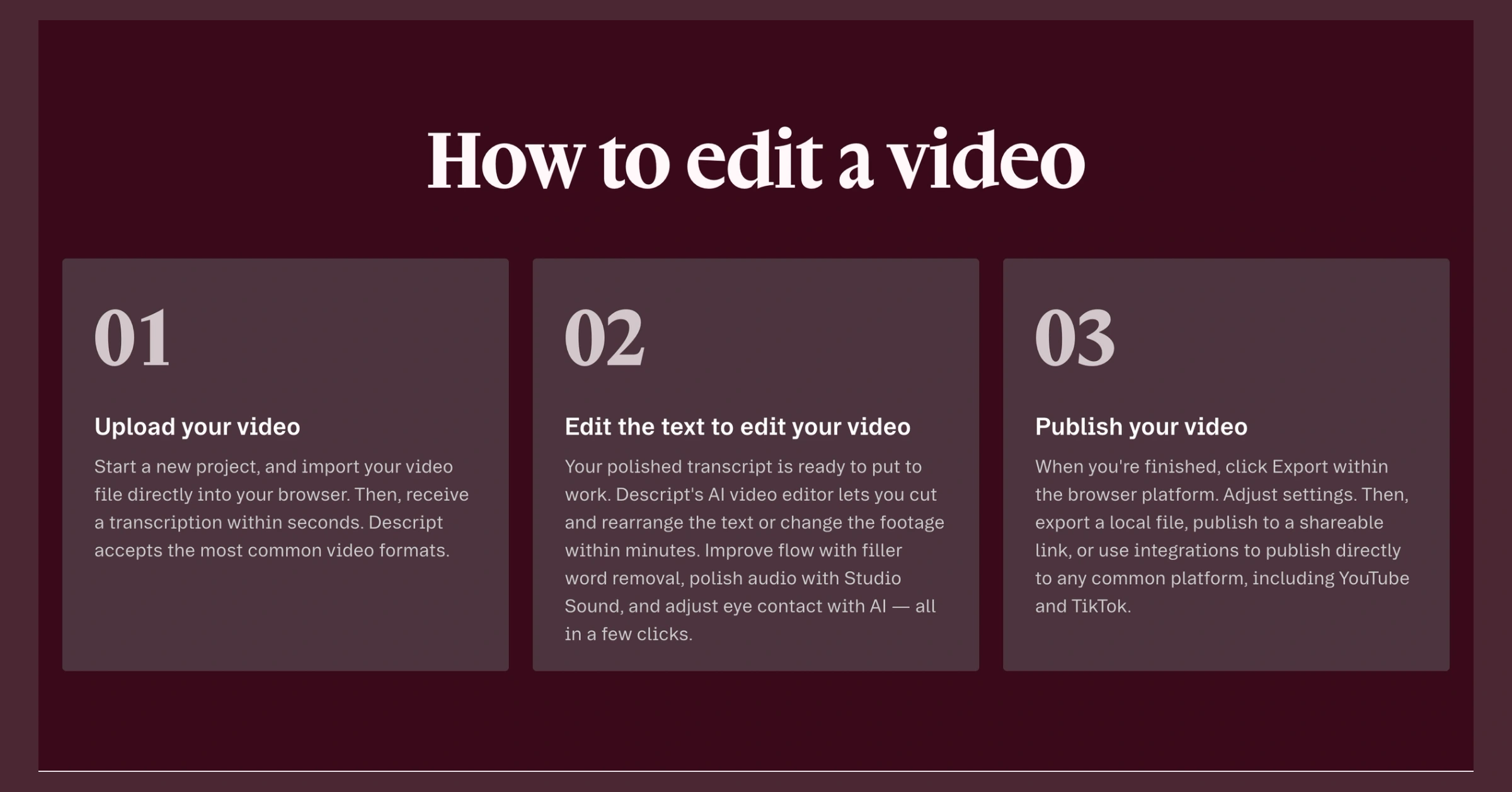 Descript official workflow showing video upload, transcript-based editing, and export as three complete steps