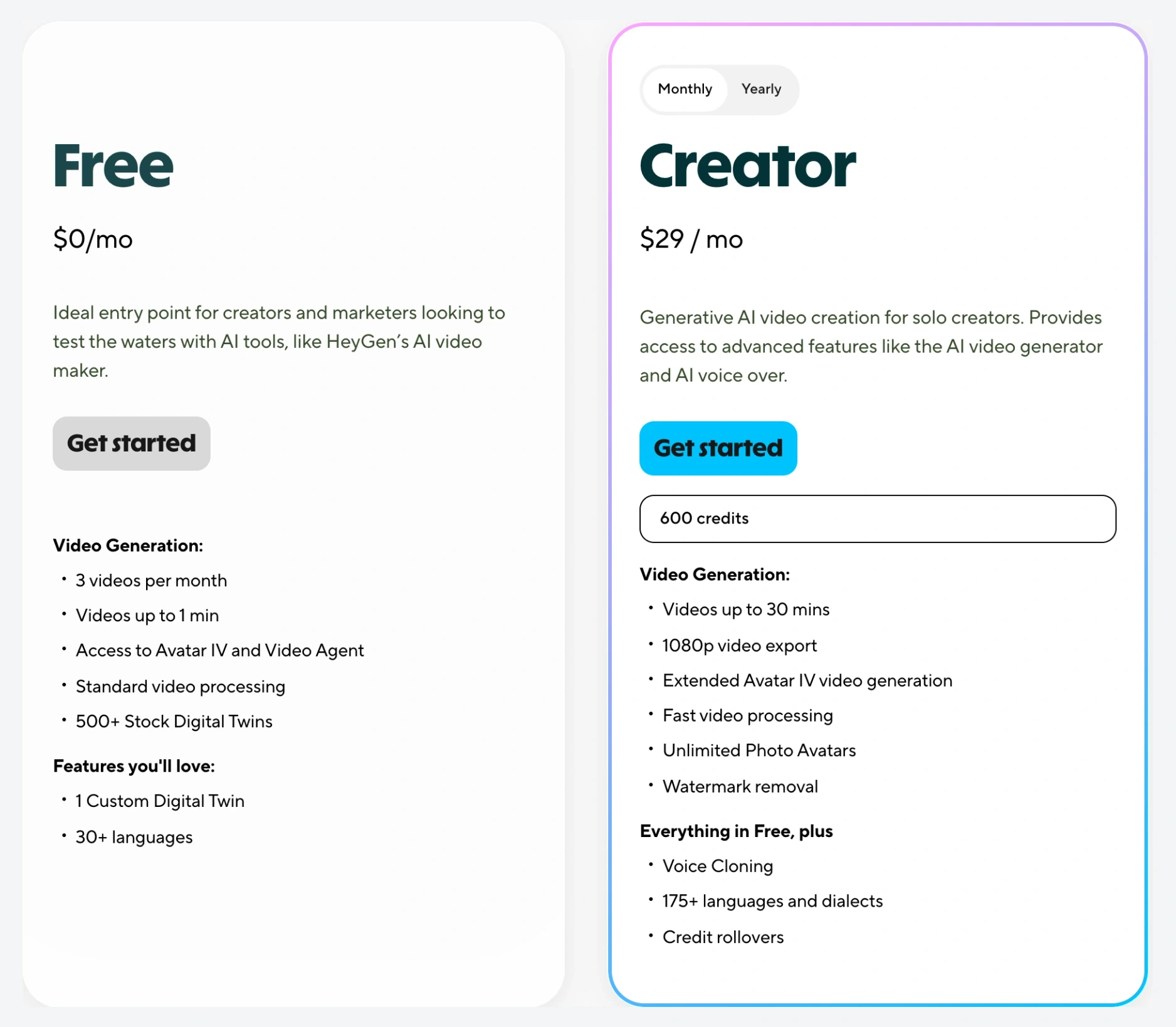 HeyGen official pricing cards showing the Free and Creator plans, their video allowances, and the Creator monthly price