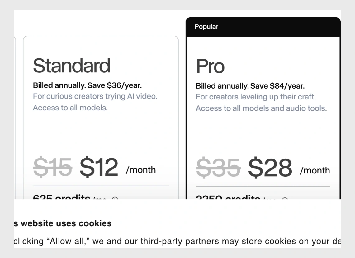 Runway official pricing cards showing the Standard and Pro monthly credit allowances and annual-equivalent prices
