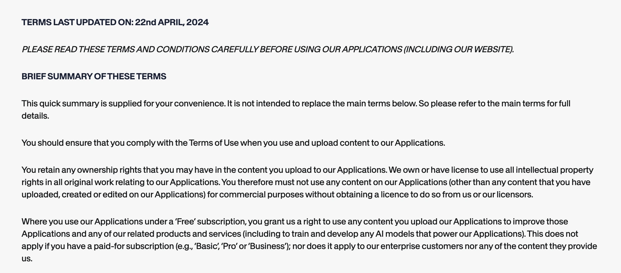 VEED official terms explaining how uploaded content may be used on the free plan and that the clause does not apply to paid or enterprise plans