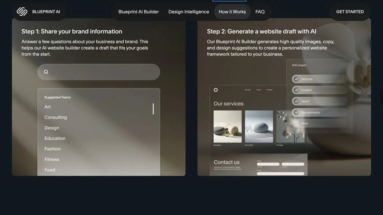 Squarespace Blueprint AI workflow showing brand questions and AI website draft generation
