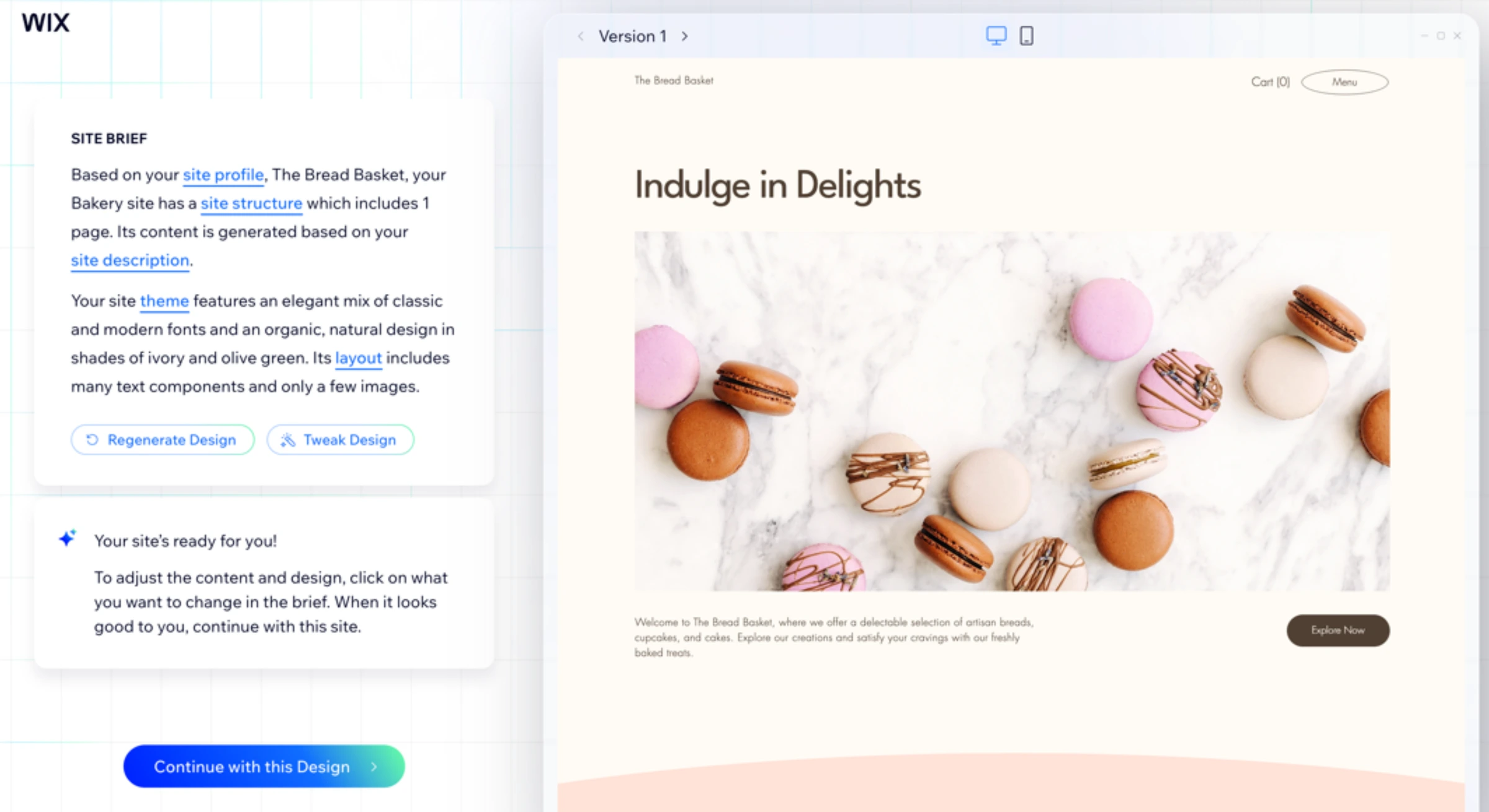 Wix Harmony AI website builder interface showing site generation from a text prompt