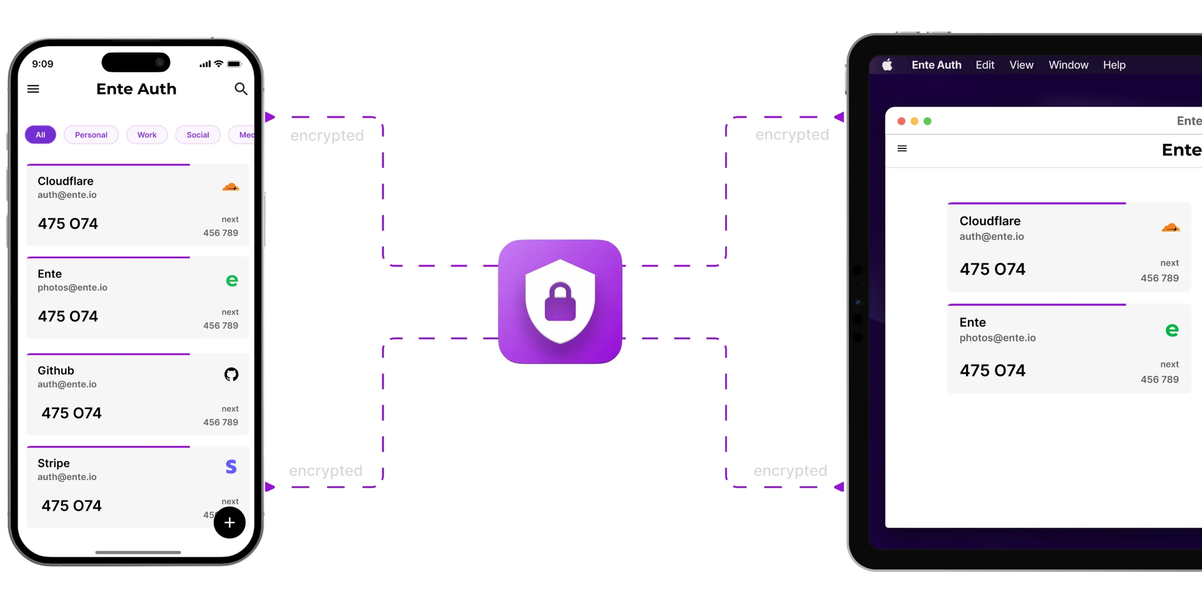 Ente Auth interface showing encrypted backup-focused authenticator app UI across devices