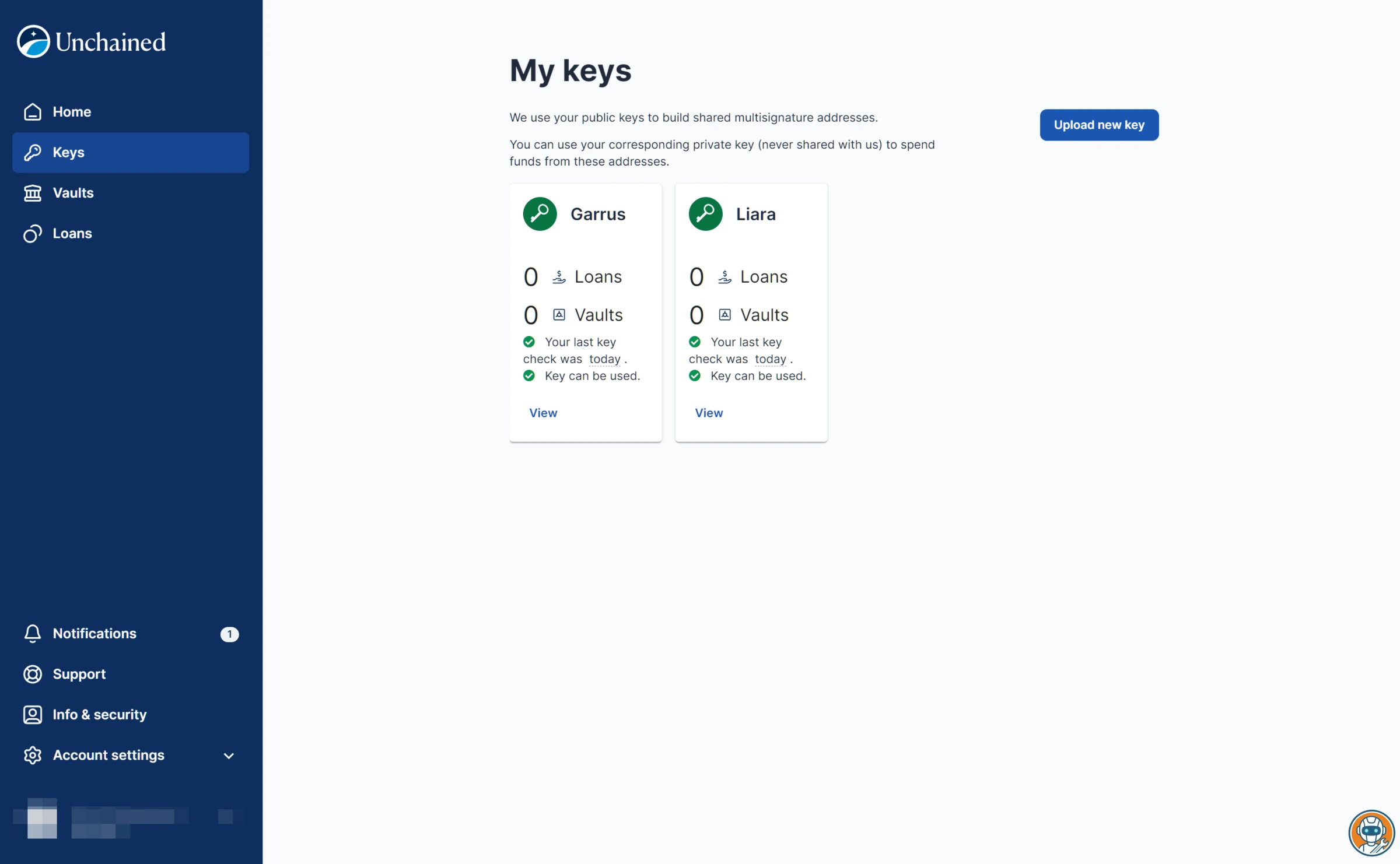 Unchained key management dashboard showing multisig hardware wallet keys