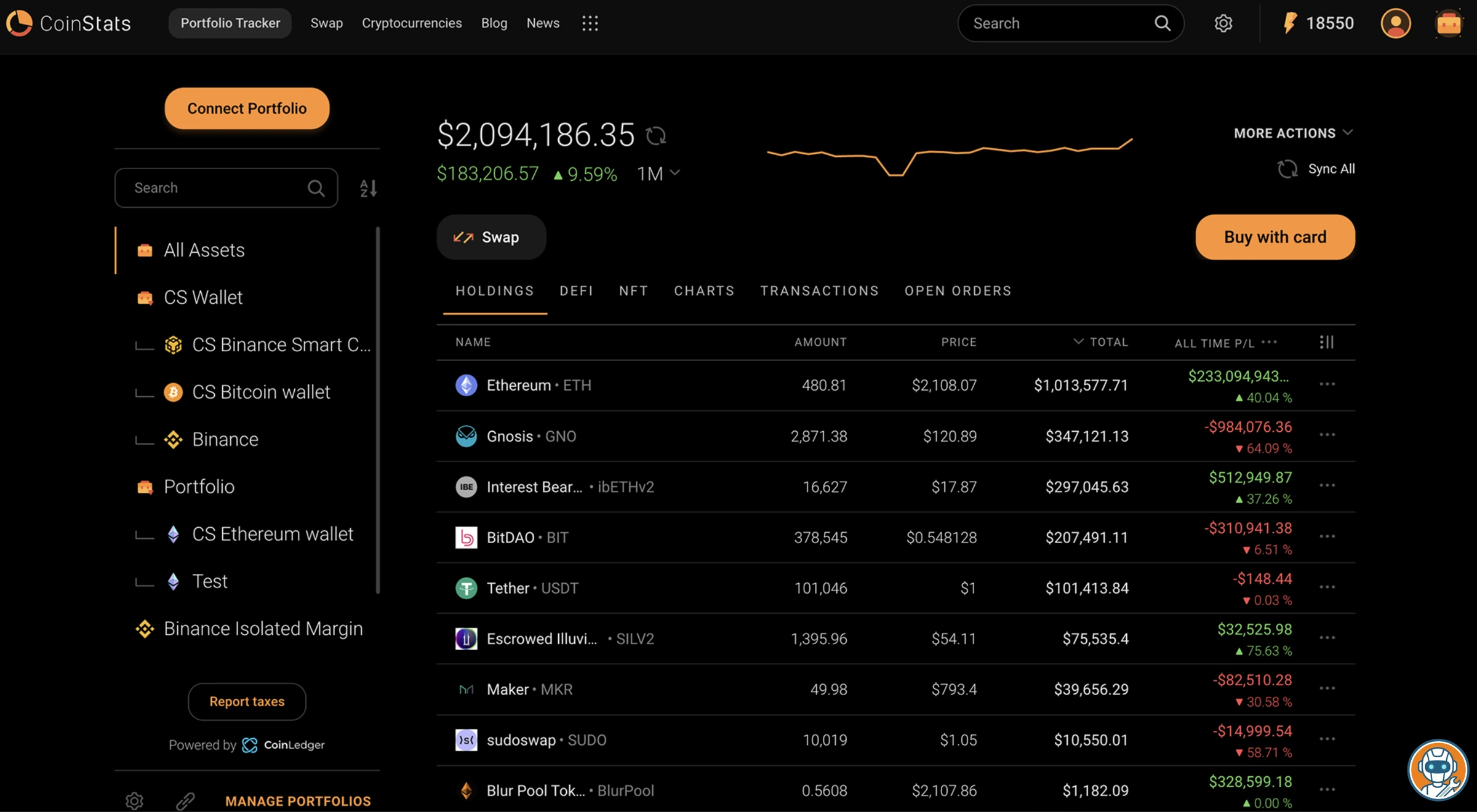 CoinStats portfolio dashboard showing multi-chain crypto tracking