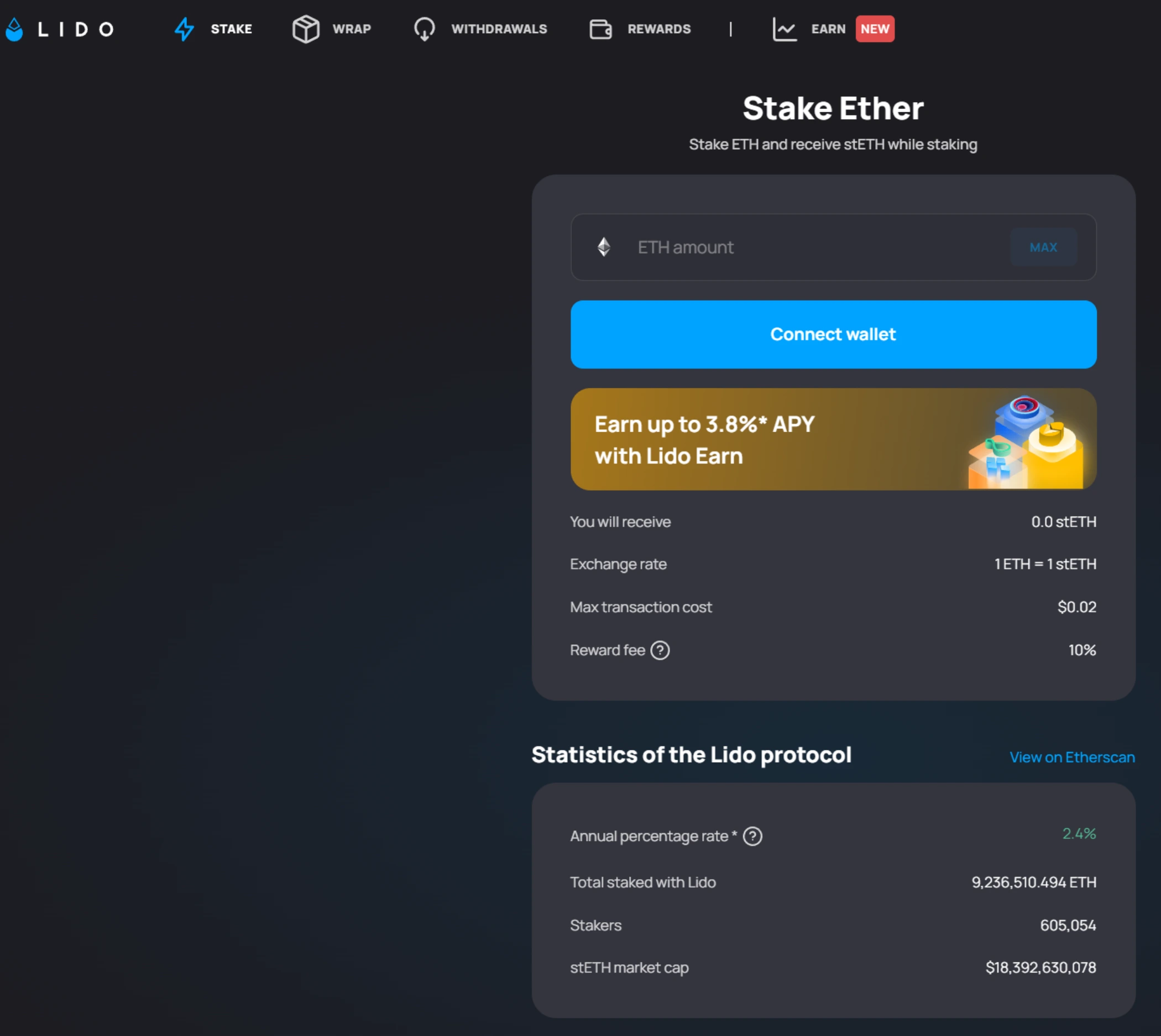 Lido staking dashboard showing current ETH staking APR and total value locked