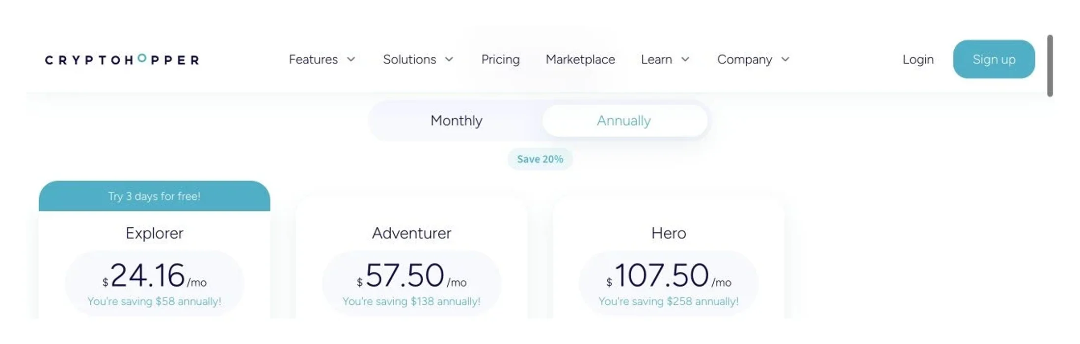 Cryptohopper official annual pricing showing Explorer, Adventurer, and Hero