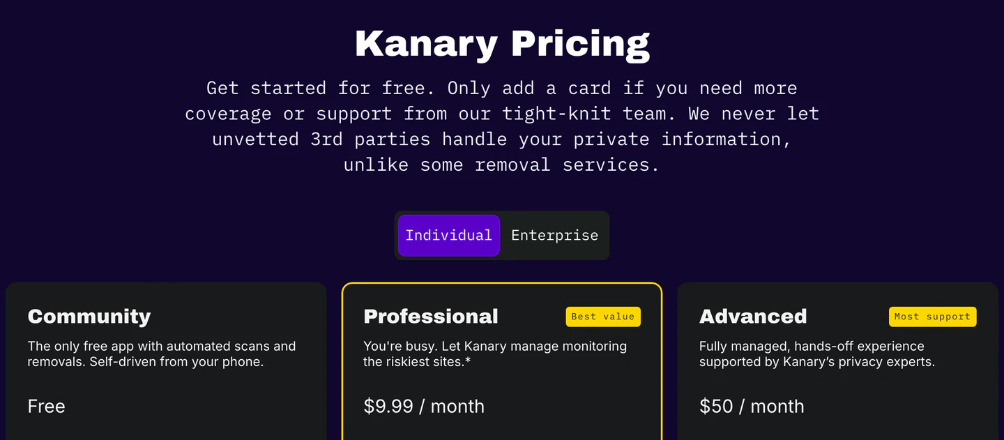 Kanary pricing page showing Community, Professional, and Advanced plans