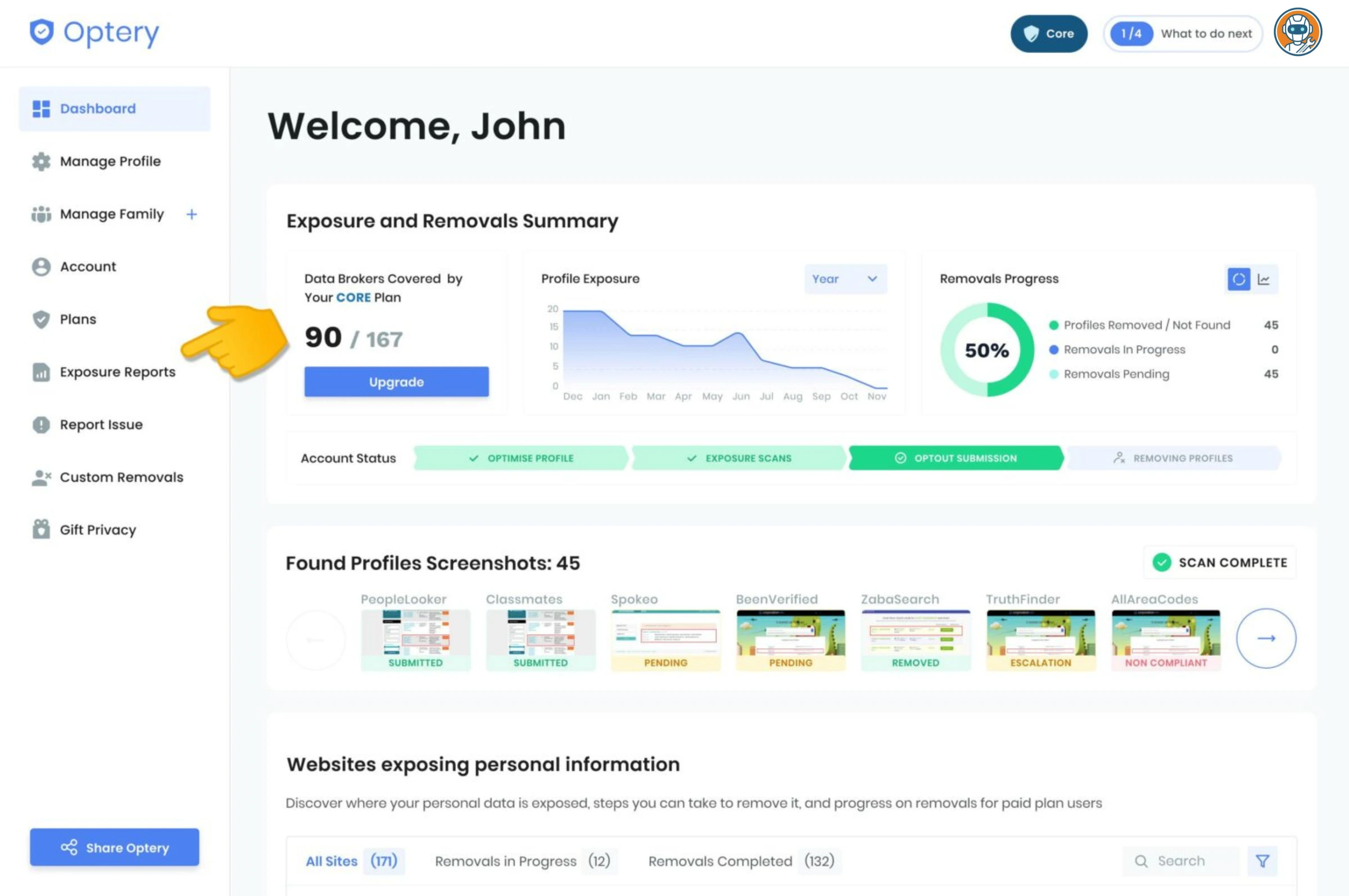Optery free scan results showing exposure report with list of data broker sites