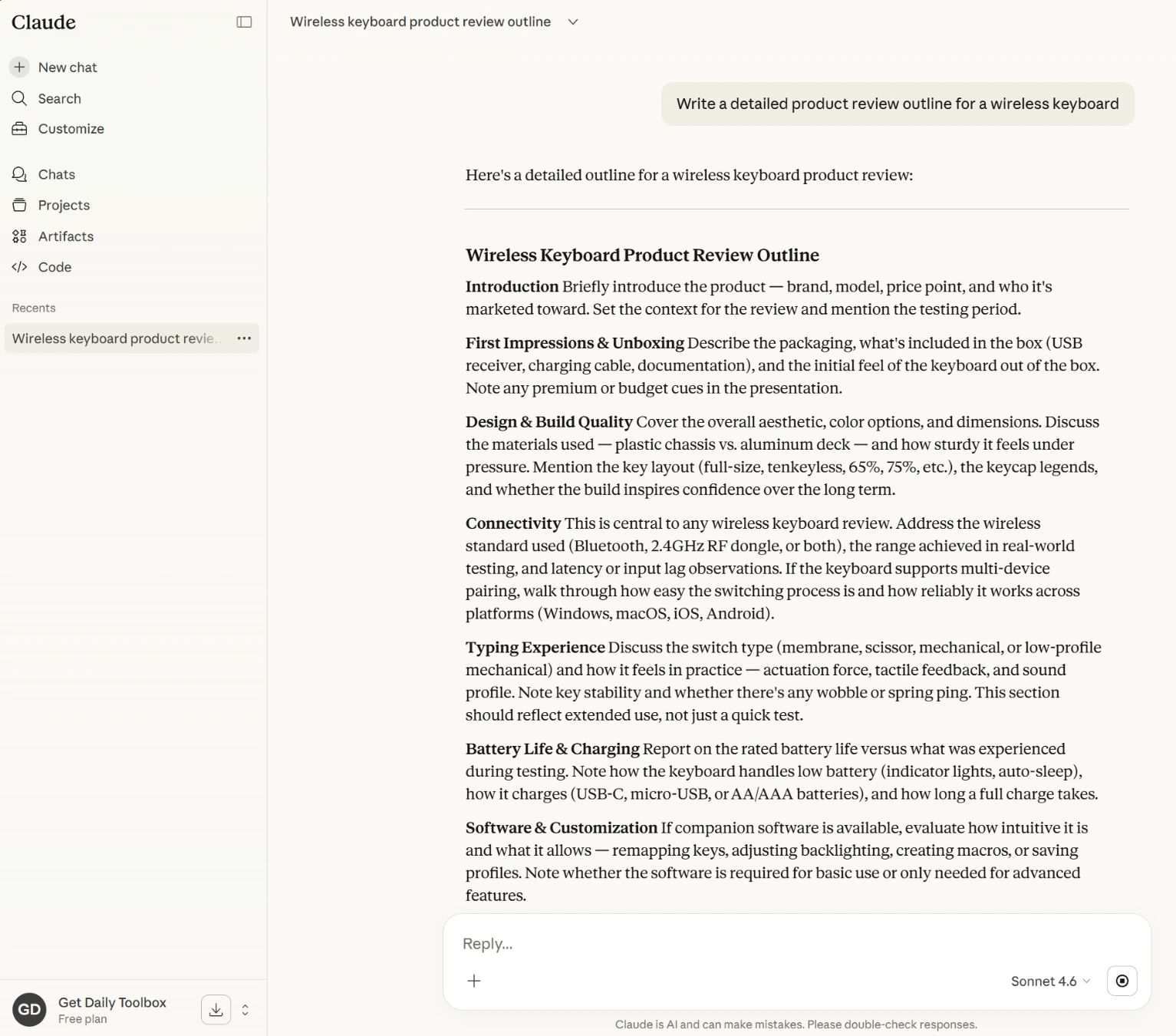 Claude AI producing a structured long-form blog post with headings and paragraphs