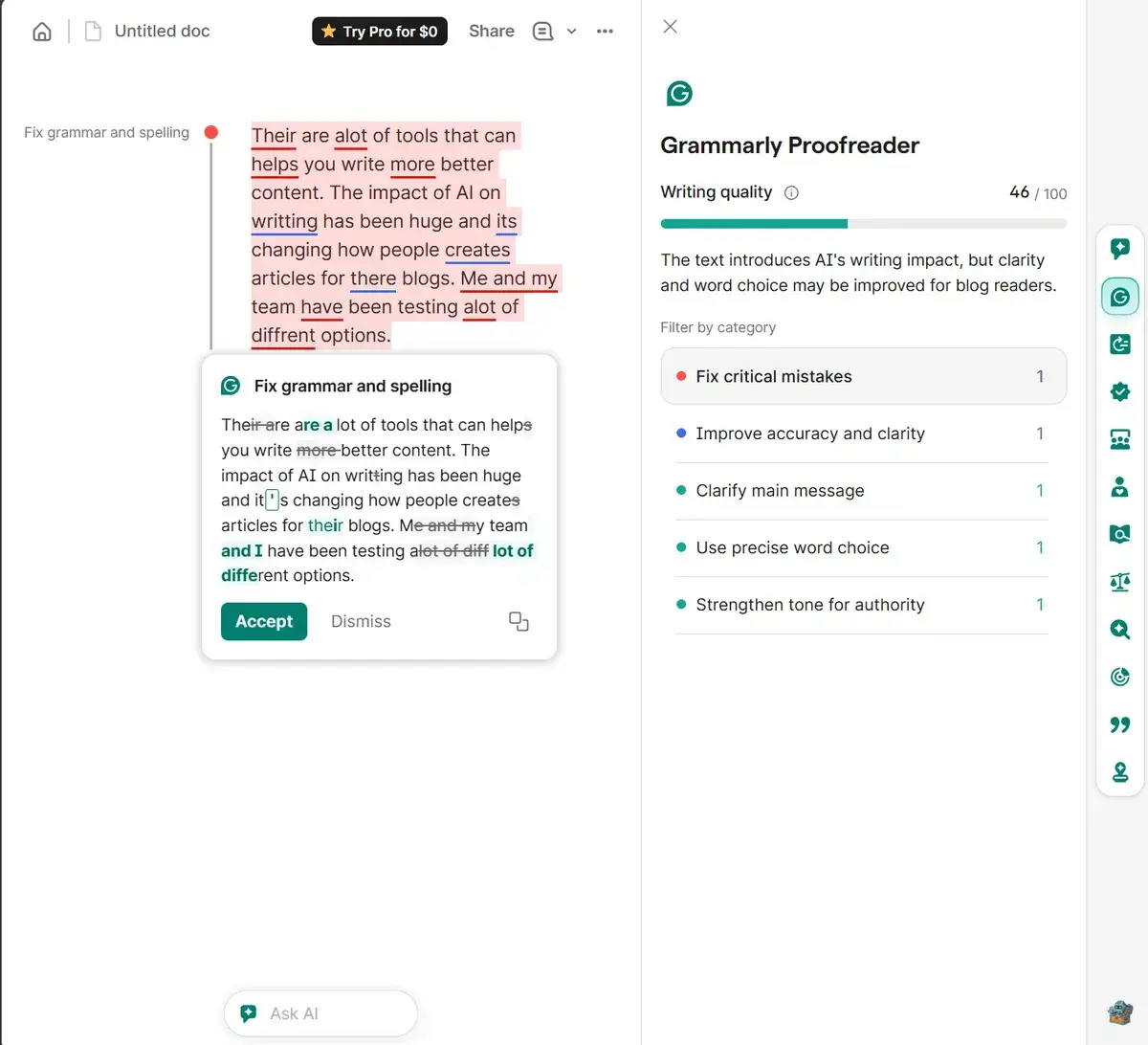 Grammarly editor showing real-time grammar corrections and writing suggestions sidebar