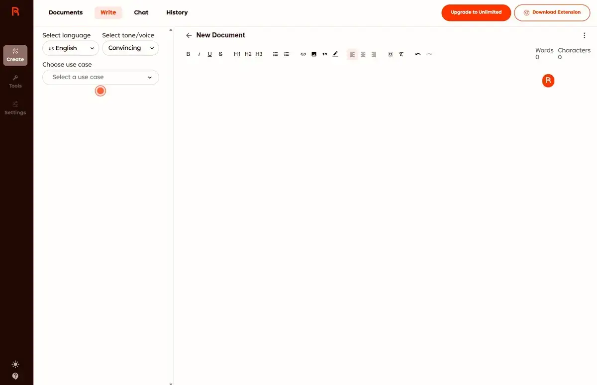 Rytr AI writer interface showing use case templates and tone selection options