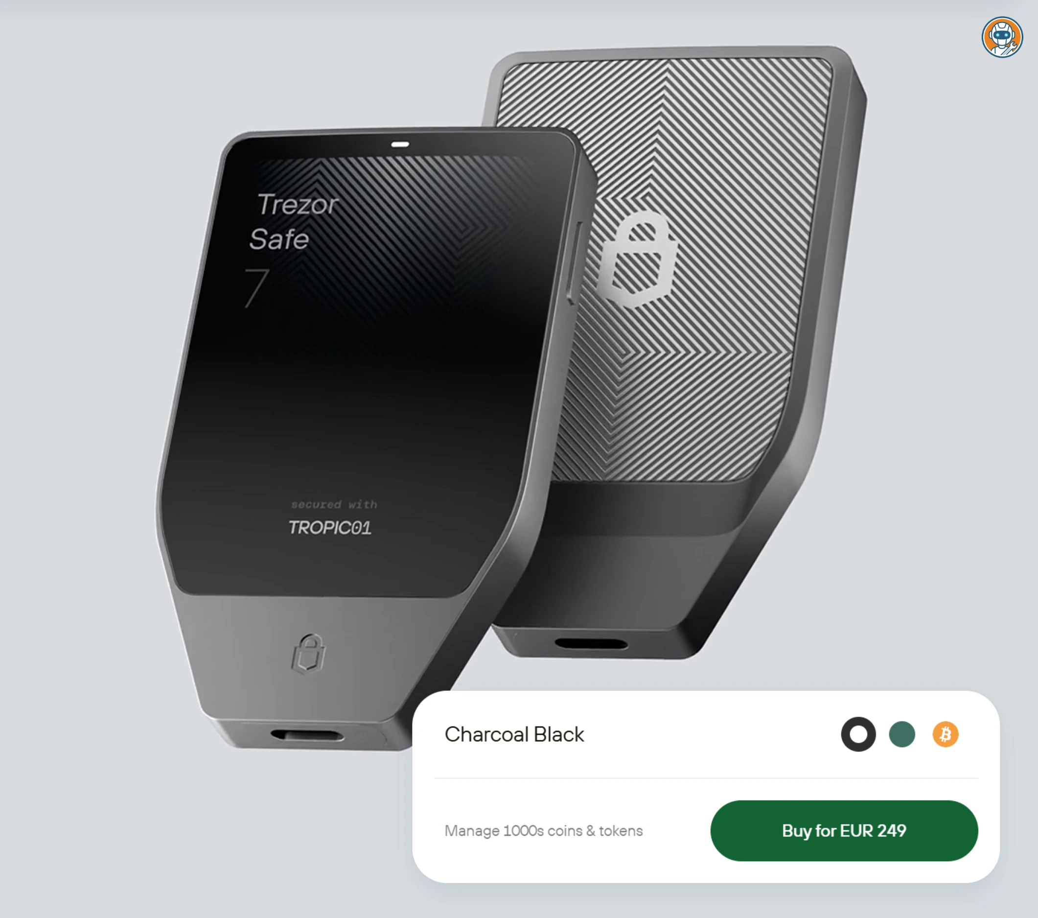 Trezor Safe 7 hardware wallet product page showing quantum-ready design and $249 price