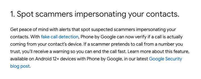 Google June Android Drop page showing fake call detection for Phone by Google