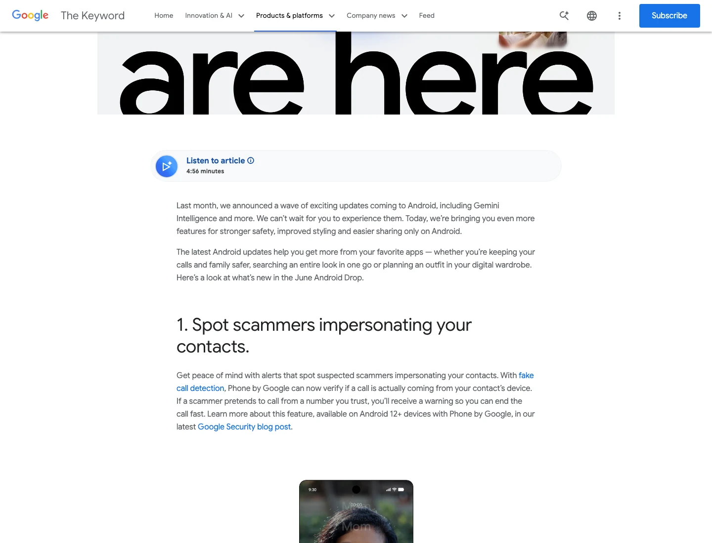 Google June Android Drop page showing fake call detection for Phone by Google
