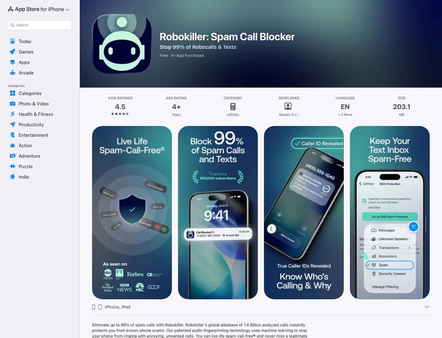 RoboKiller App Store listing showing spam call blocker positioning and in-app purchases