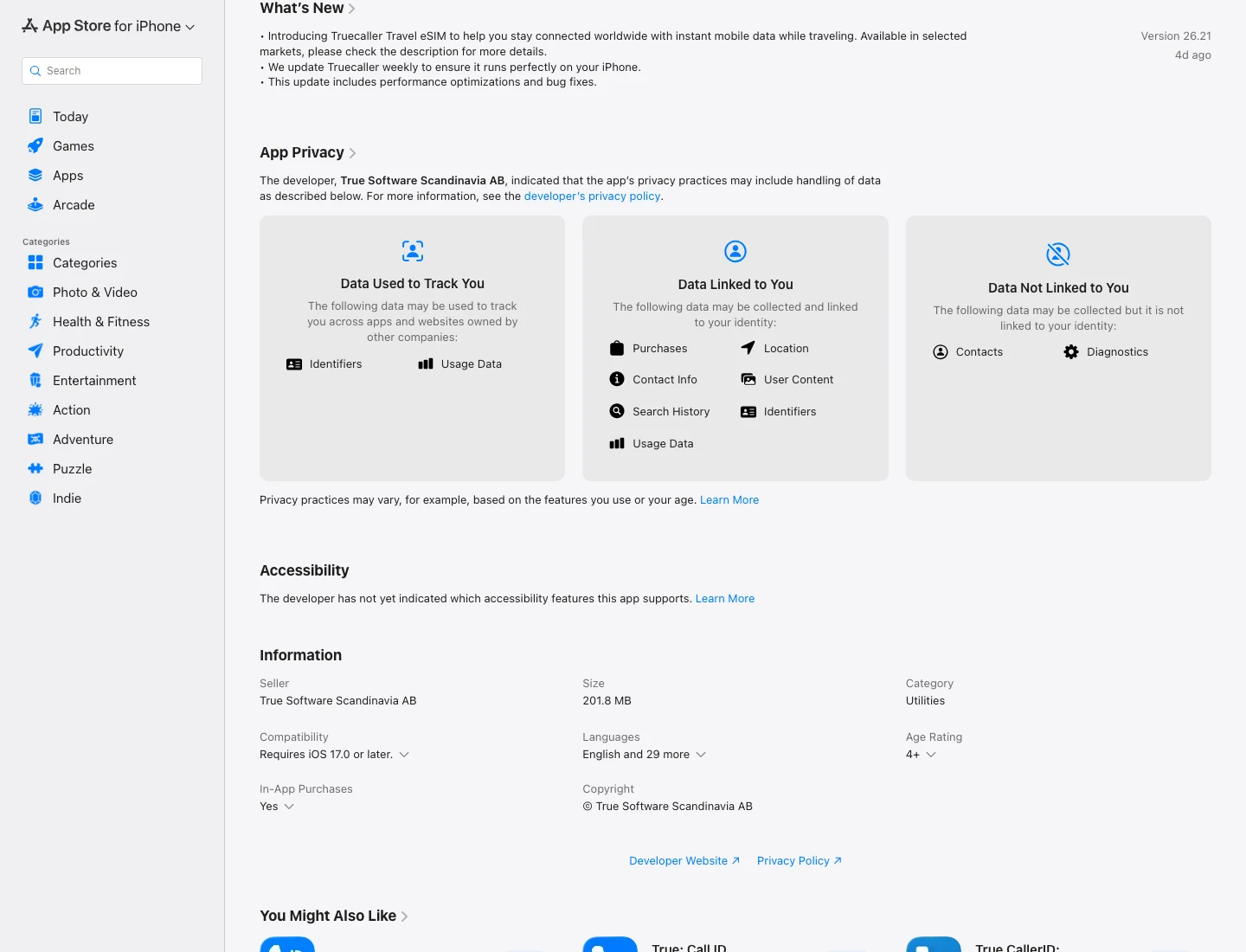 Truecaller App Store privacy label showing tracking and linked data categories