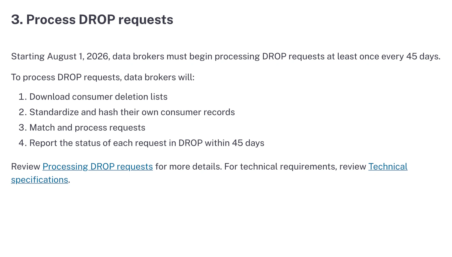 California data broker page showing DROP processing obligations for registered brokers