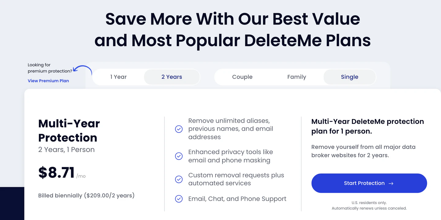 DeleteMe pricing page showing two-year single-person plan pricing in the U.S. flow