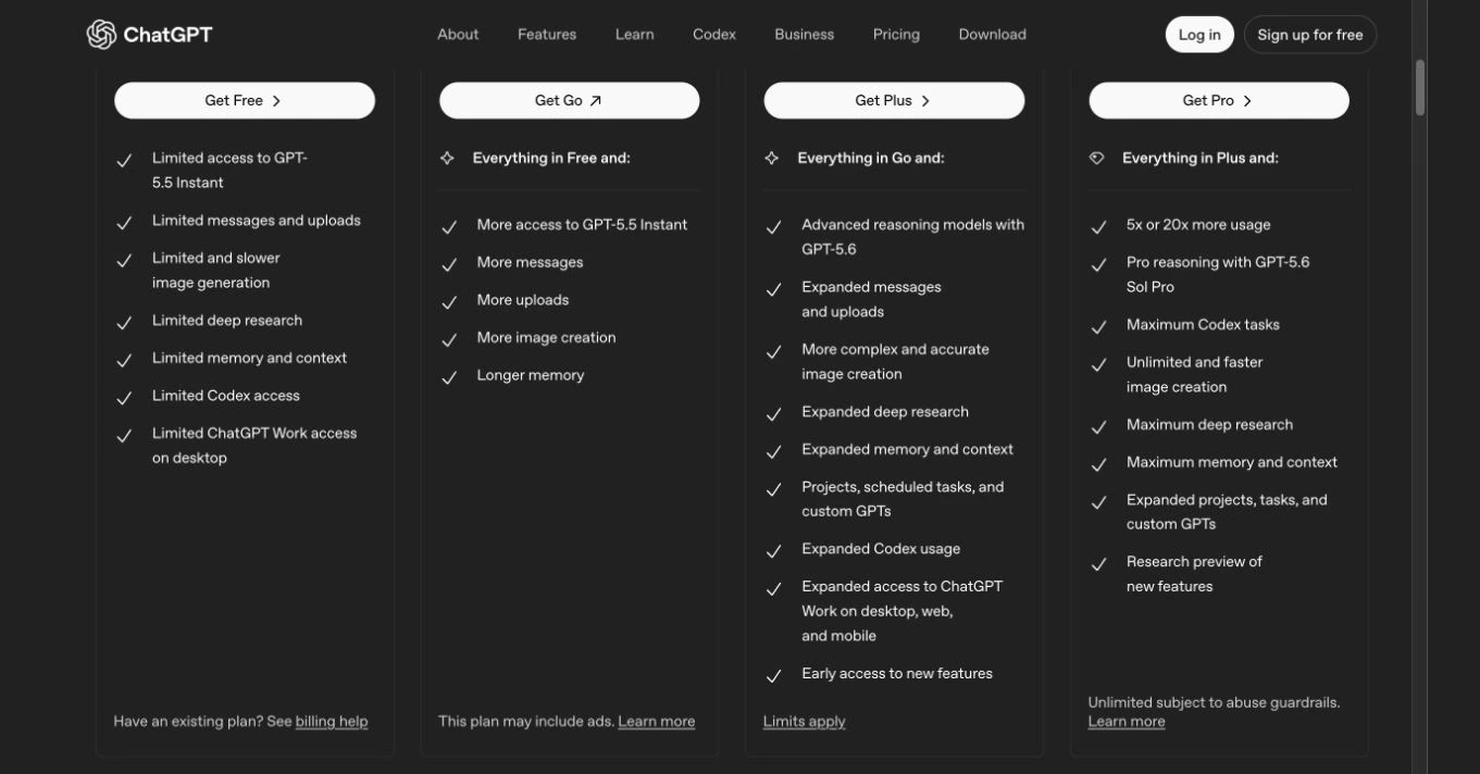 ChatGPT official pricing comparison showing GPT-5.5 Instant access on Free and Go and GPT-5.6 reasoning access on Plus and Pro