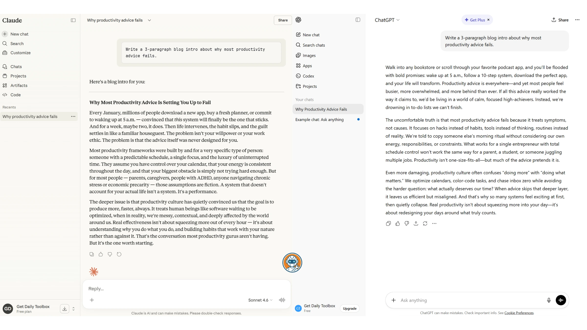 Writing quality comparison showing ChatGPT and Claude outputs for the same blog intro prompt side by side