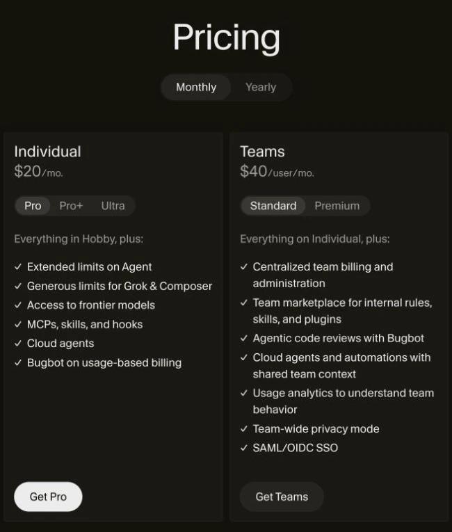 Cursor pricing page showing Individual Pro and Teams plan details