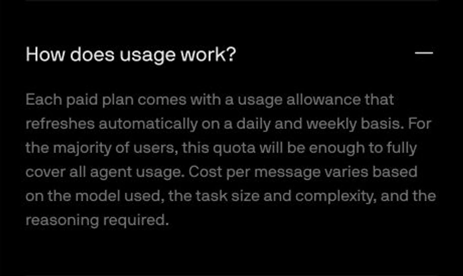 Devin pricing FAQ explaining daily and weekly usage allowances and variable message cost