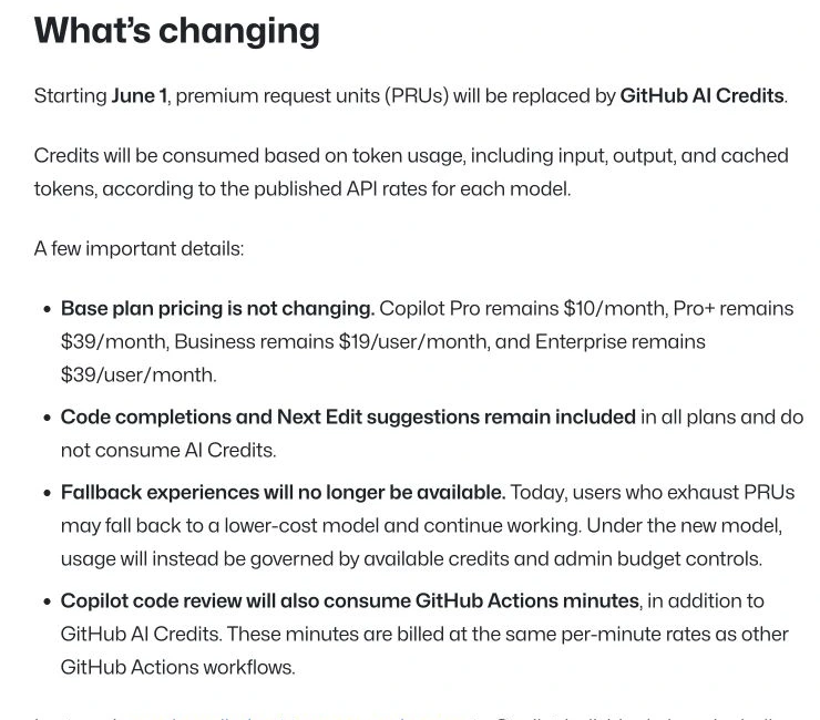 GitHub Blog details for the move from premium request units to GitHub AI Credits