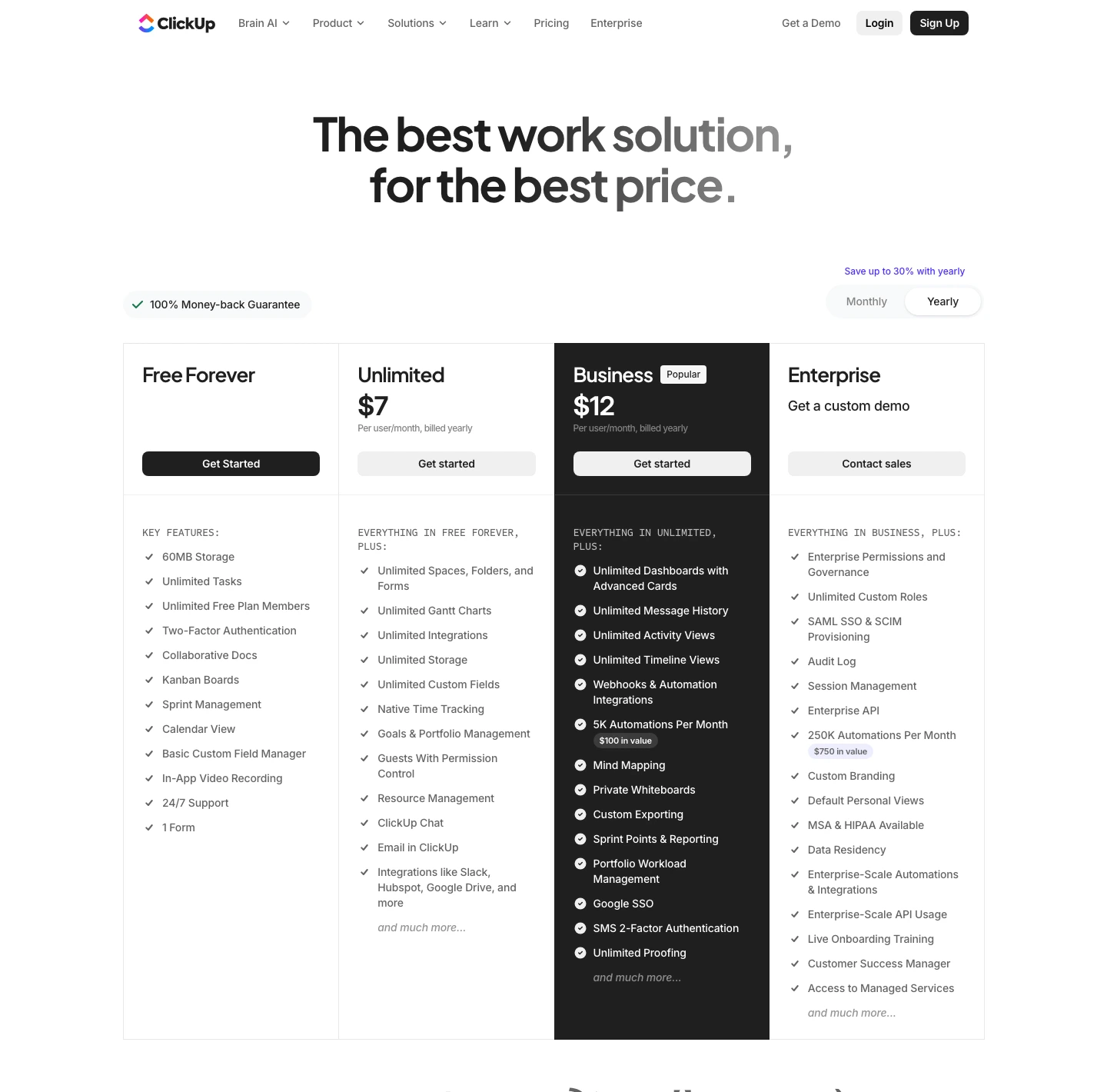 ClickUp official pricing page showing Free Forever, Unlimited, Business, and Enterprise plans