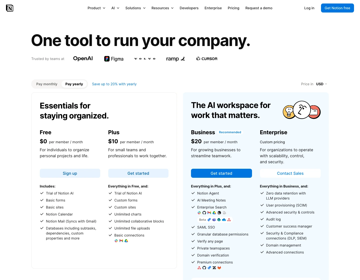 Notion official pricing page switched to USD showing Free, Plus, Business, and Enterprise plans