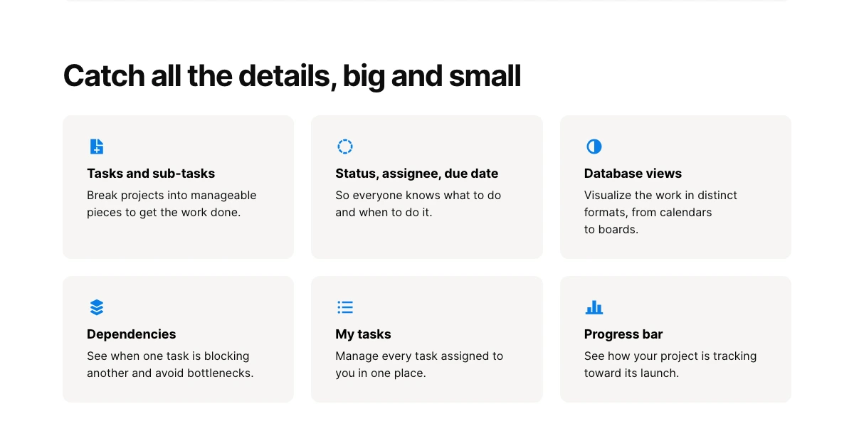 Notion projects page showing tasks, status, assignee, database views, dependencies, My Tasks, and progress bar cards