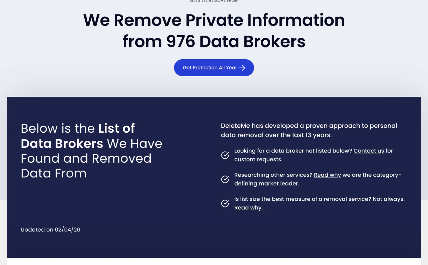 DeleteMe coverage page showing 976 data brokers and updated date