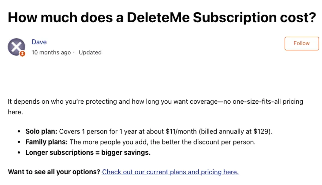 DeleteMe official help article showing the current Solo annual price and family discount guidance