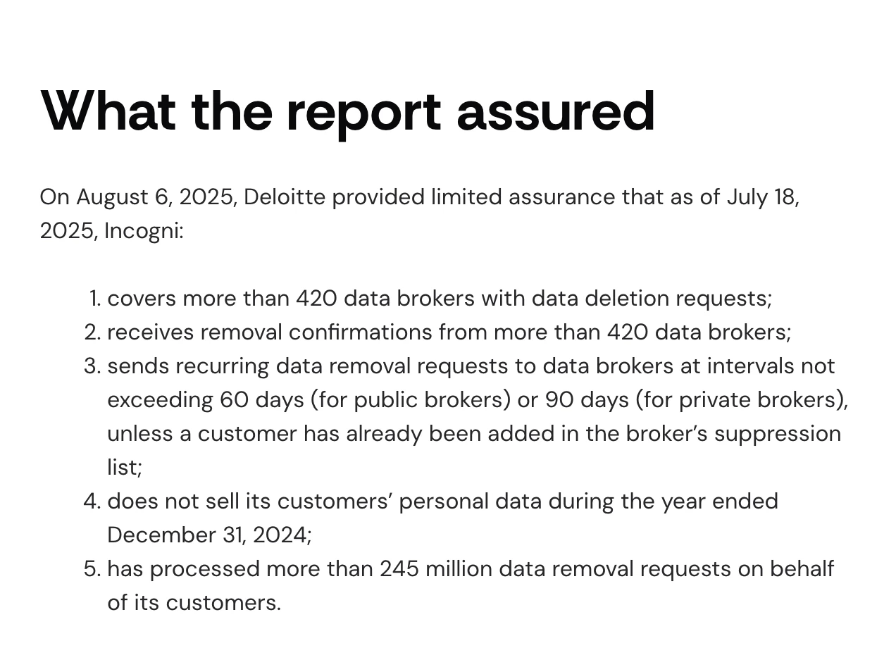 Incogni blog page describing Deloitte limited assurance around data removal operations