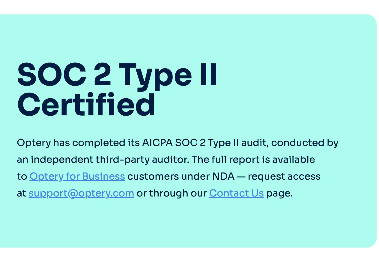 Optery security page stating that an independent third party completed its SOC 2 Type II audit