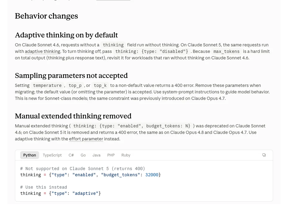 Anthropic official Sonnet 5 migration documentation showing adaptive thinking and 400 error behavior changes