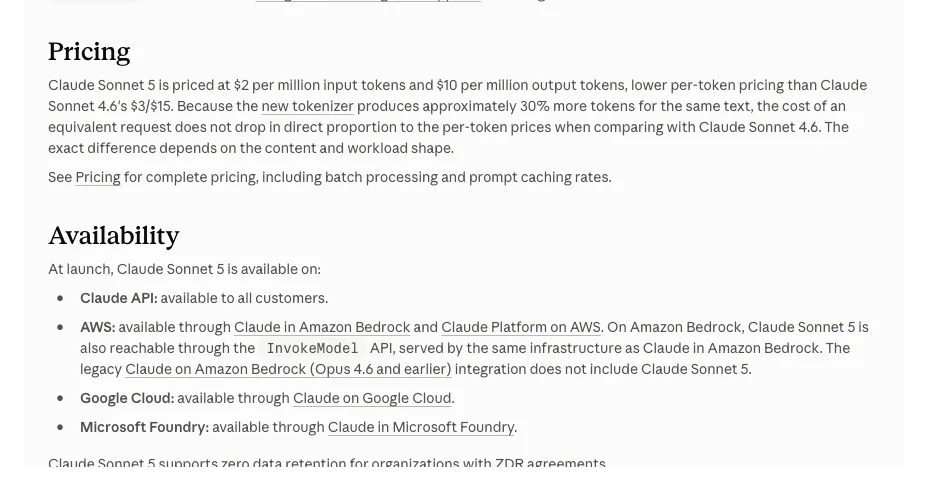 Anthropic official Claude Sonnet 5 pricing and API availability sections showing public rates and deployment platforms