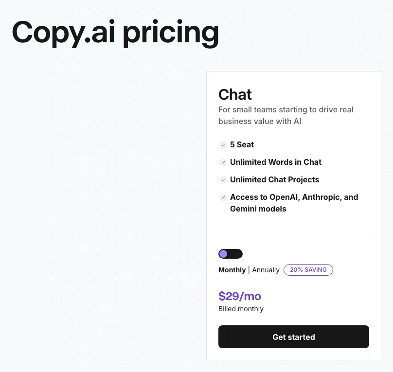 Copy.ai Chat pricing card showing five seats, unlimited chat, multiple model providers, and 29 dollars per month