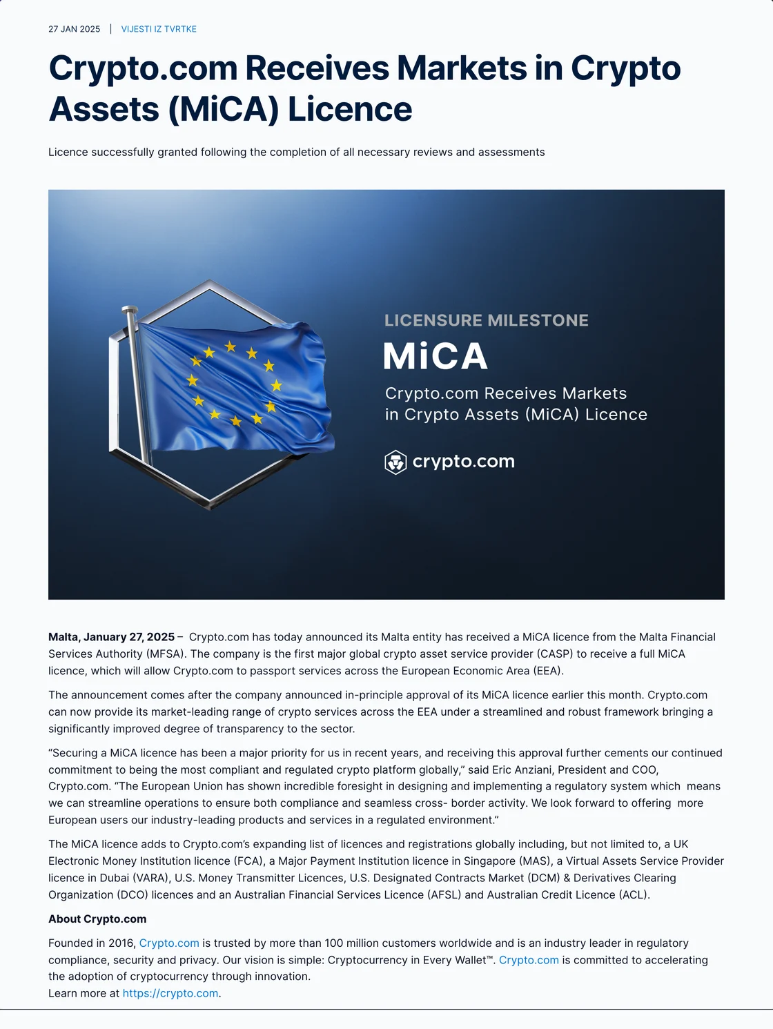 Crypto.com official announcement naming its Malta entity, MFSA regulator, MiCA licence, and EEA passporting