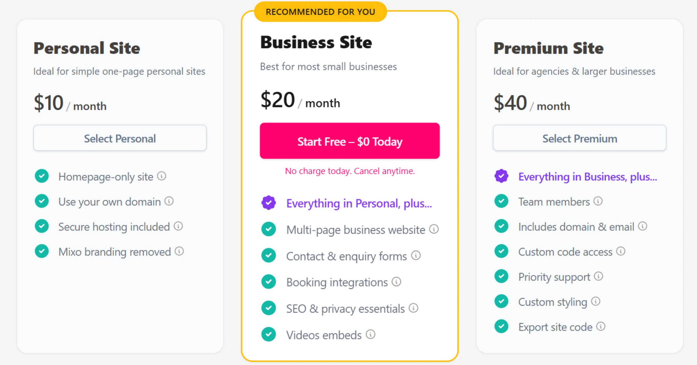 Mixo pricing page showing Free, Basic, Growth, and Premium plan tiers
