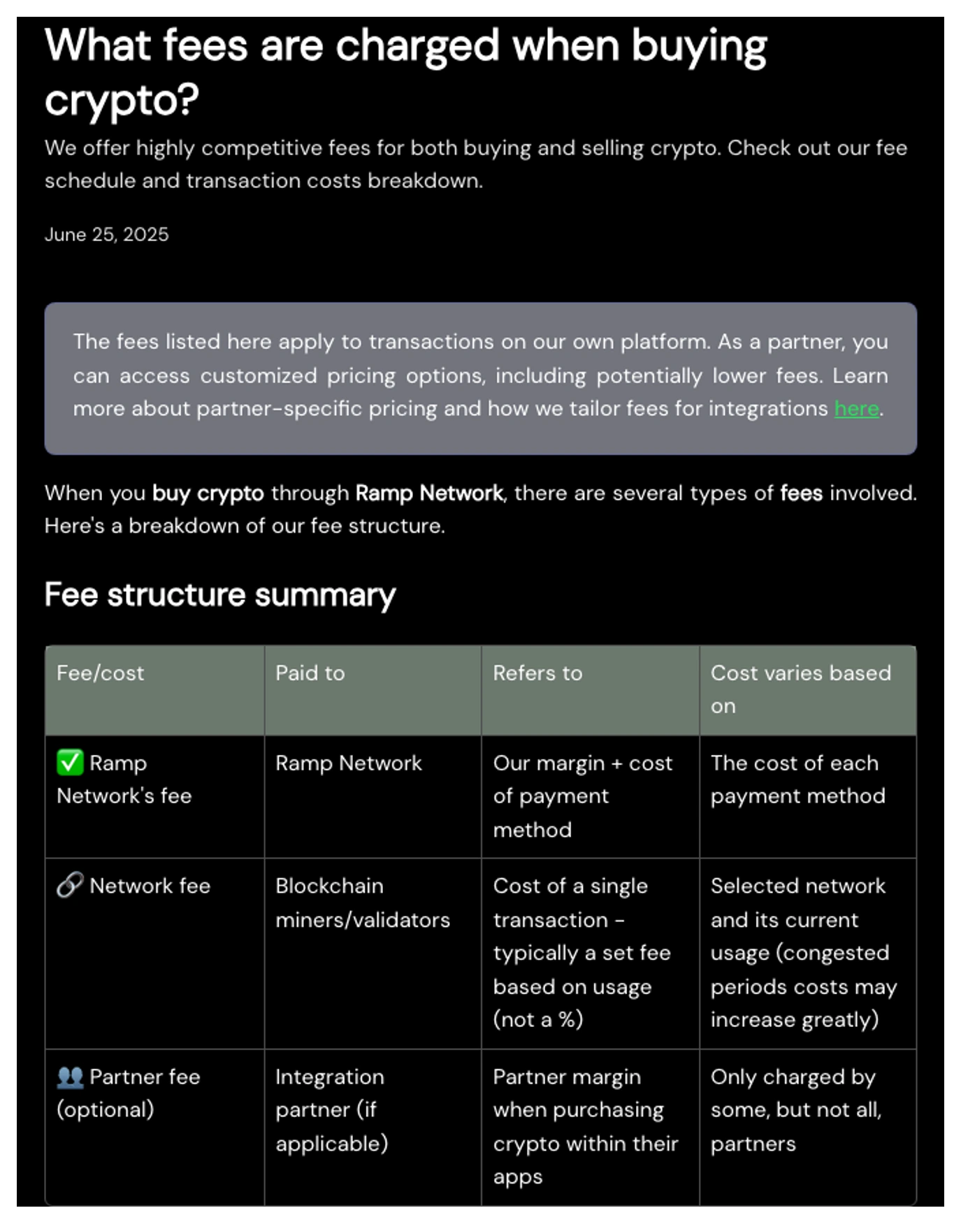 Official Ramp Network help page showing the Ramp fee, network fee, and optional partner fee structure