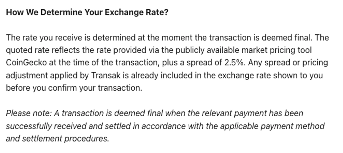 Official Transak help page showing its 2.5 percent spread and transaction-finality explanation